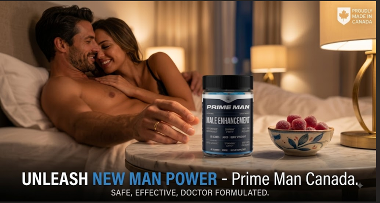 Prime Man Gummies Canada bottle with couple lifestyle banner